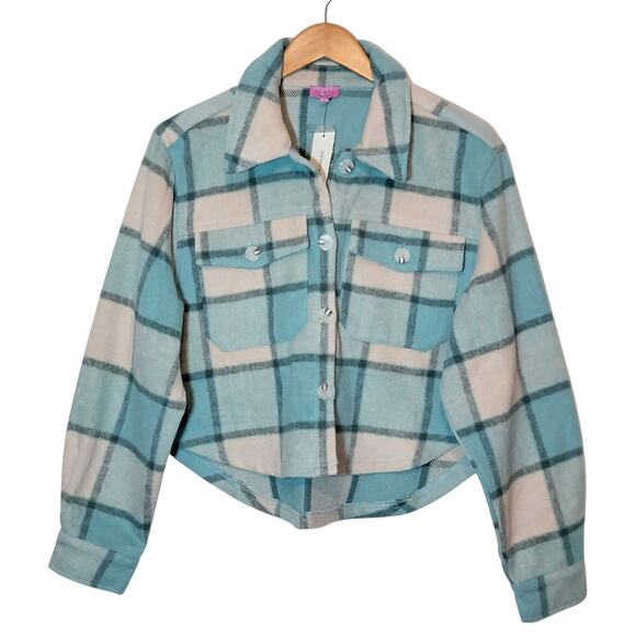 Mi ami Francesca Cropped Plaid Shacket Blue Cream Fall Winter Layering Jacket L - Picture 1 of 15